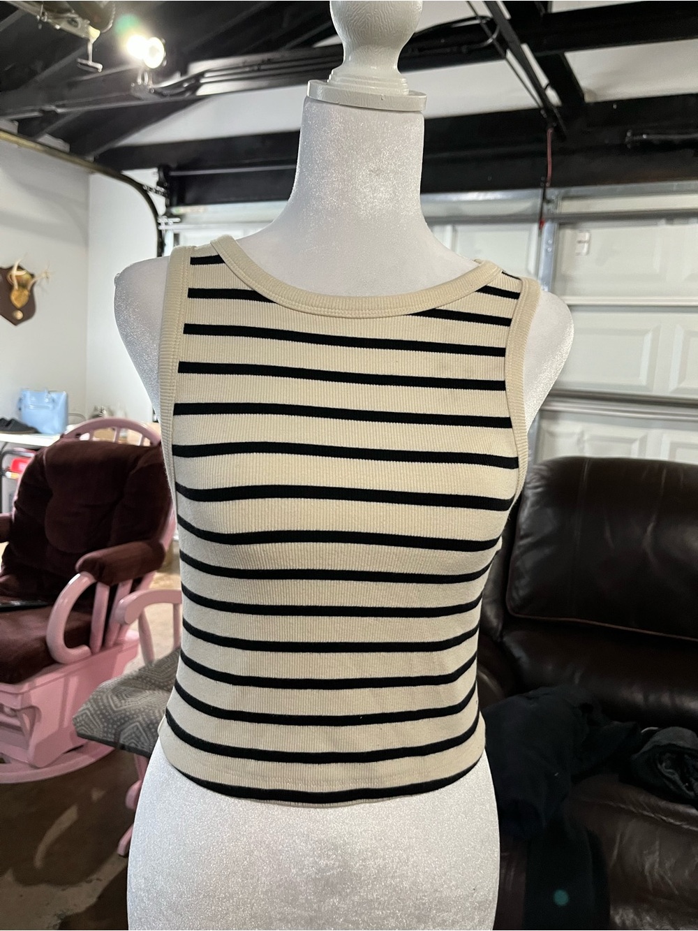 H&M Cream and Black Striped Ribbed Tank Top